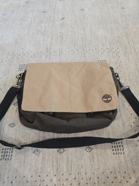 Timberland Brown Canvas and Tan Leather Messenger Bag